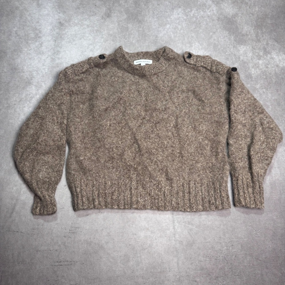 Banana Republic L Cashmere Merino Alpaca Cropped Sweater Brown Button Shoulder